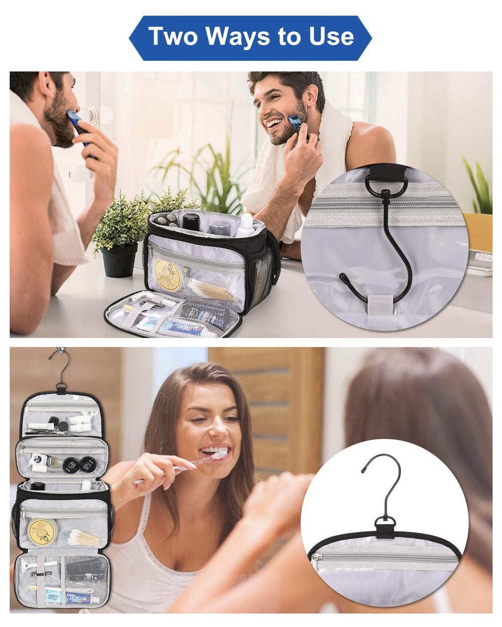 Relavel Toiletry Bag open hanging view with hook and compartments for easy access