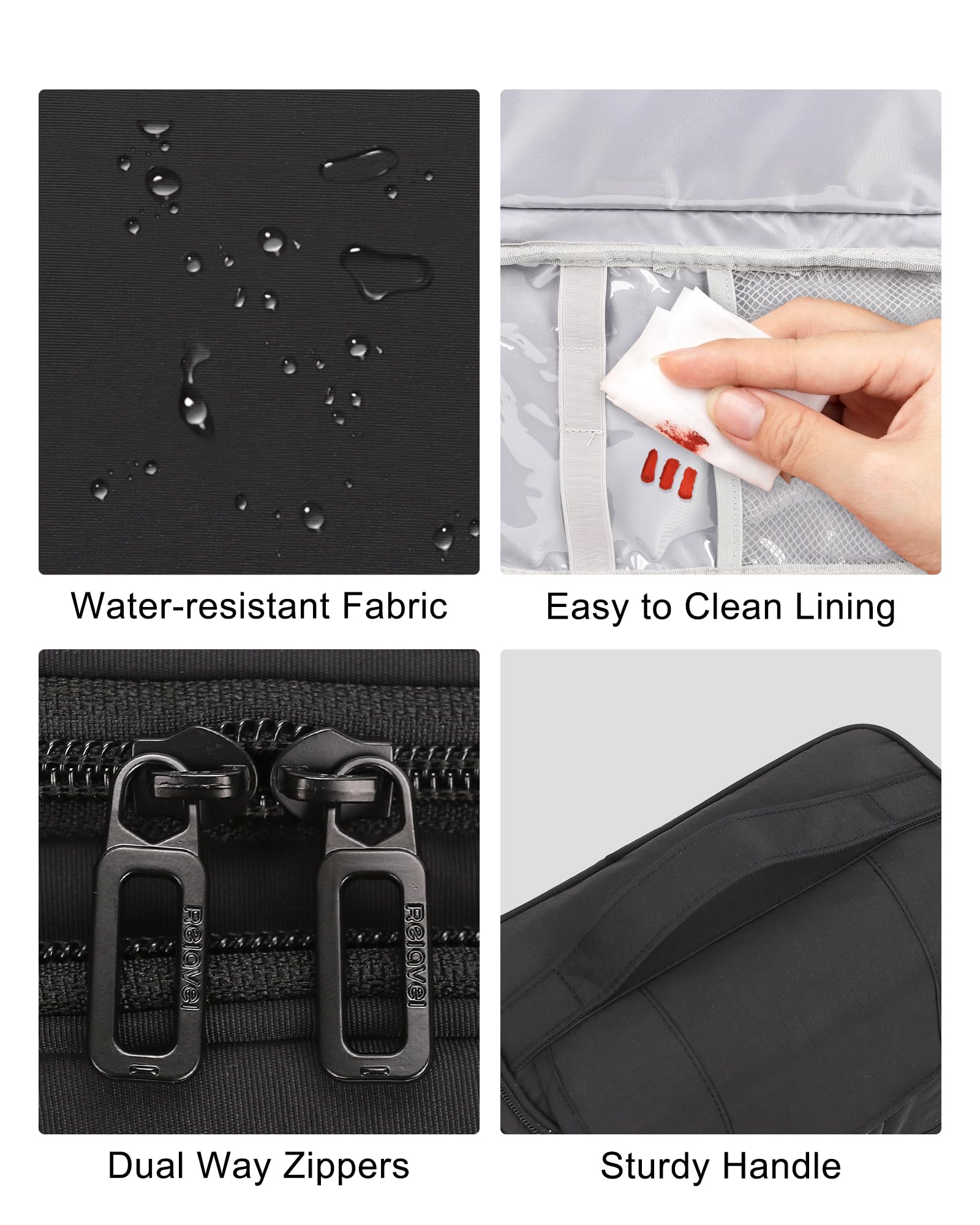 Relavel Toiletry Bag water-resistant nylon material resists spills during travel