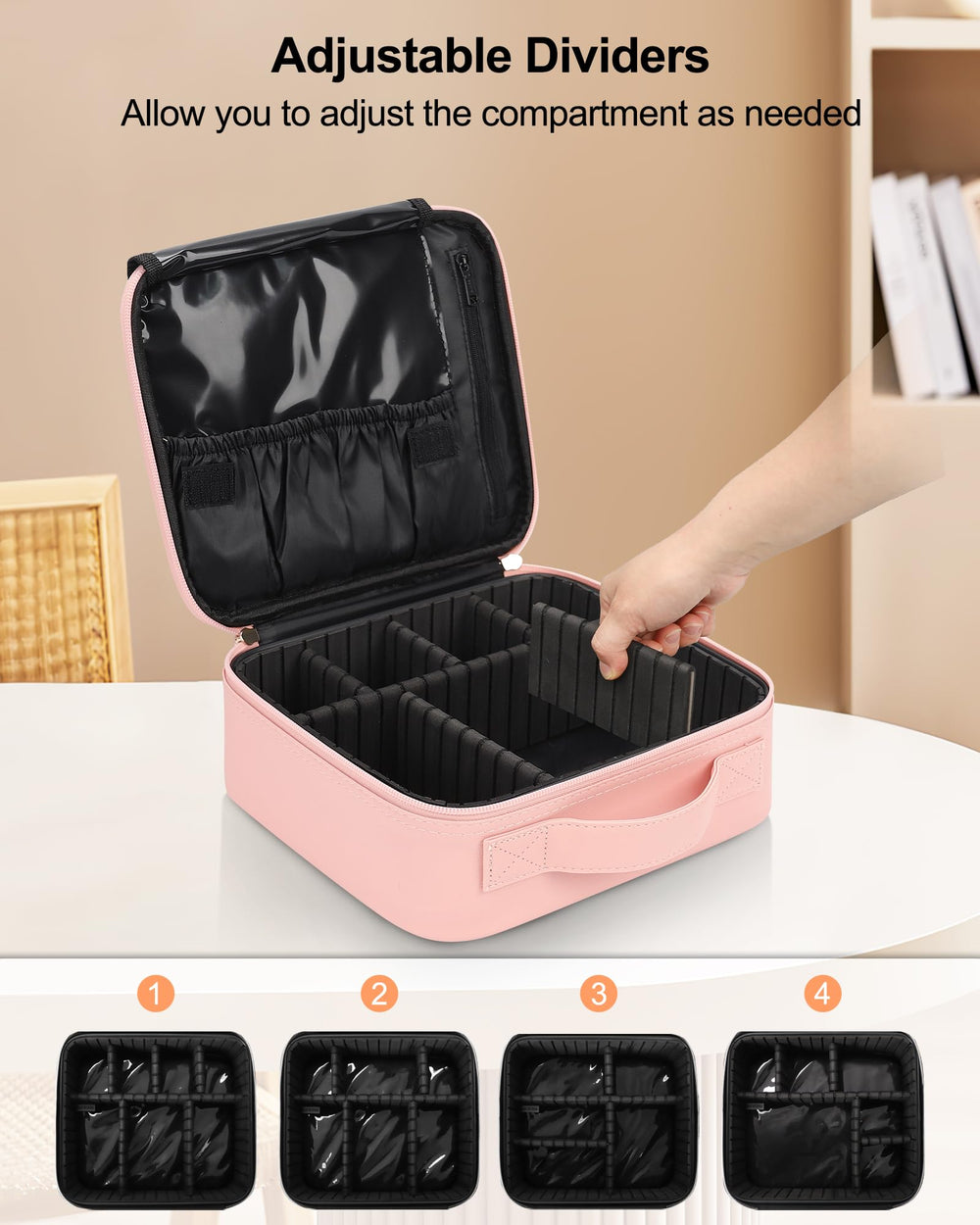 Relavel pink makeup case interior with pockets keeps brushes and palettes tidy.