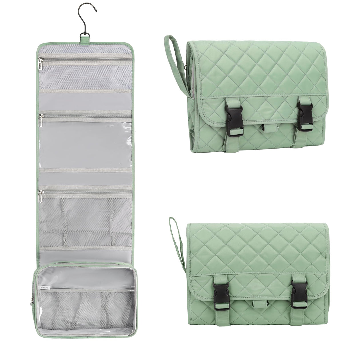 Relavel travel hanging toiletry bag in green front view offering spacious interior for organized packing