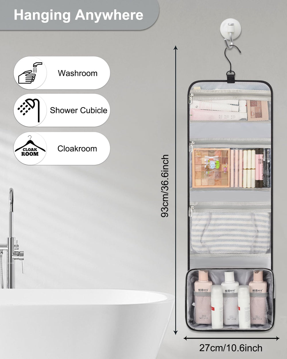 Relavel travel hanging toiletry bag open length shows full storage capacity.