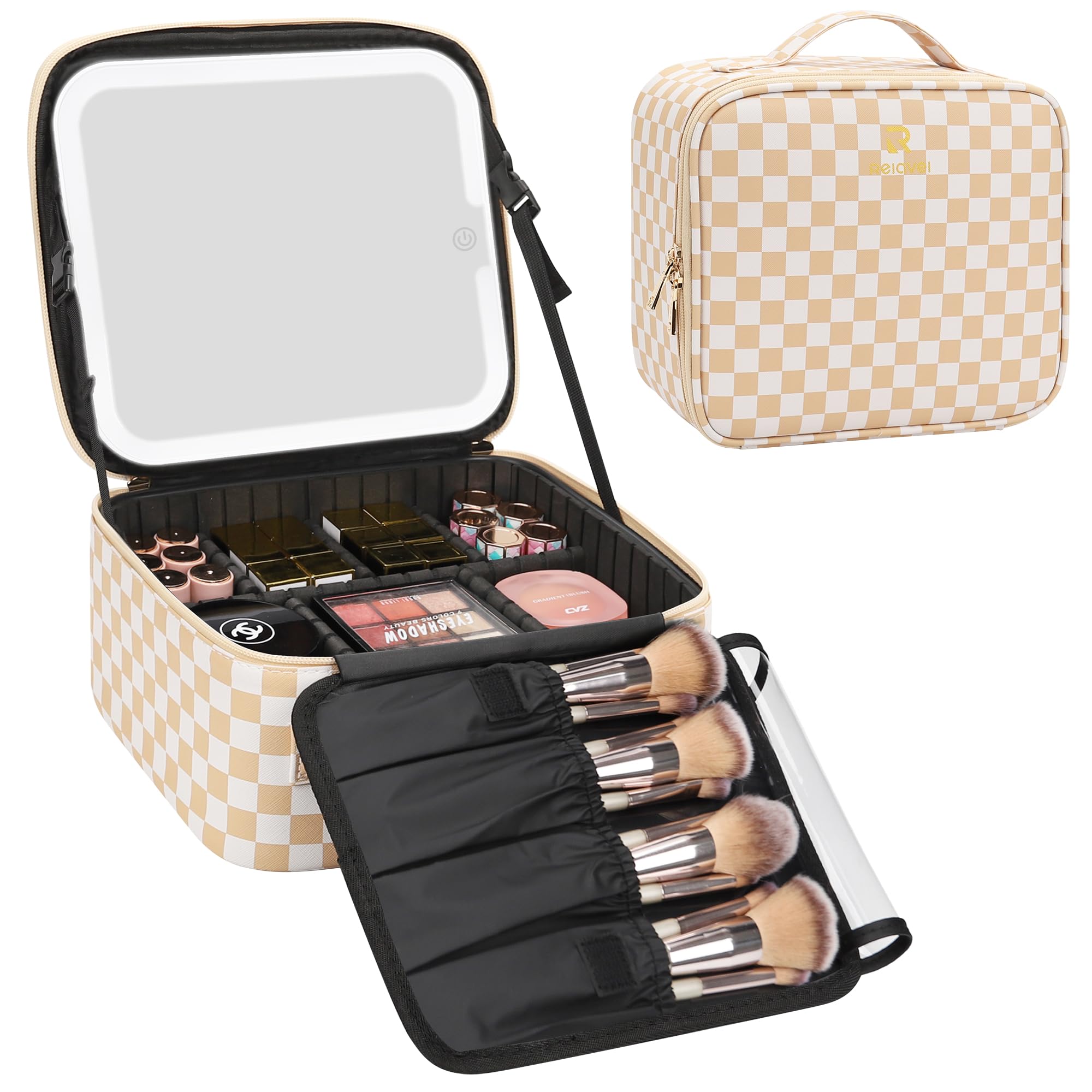 Relavel travel makeup bag with LED mirror enables on-the-go makeup with adjustable lighting.