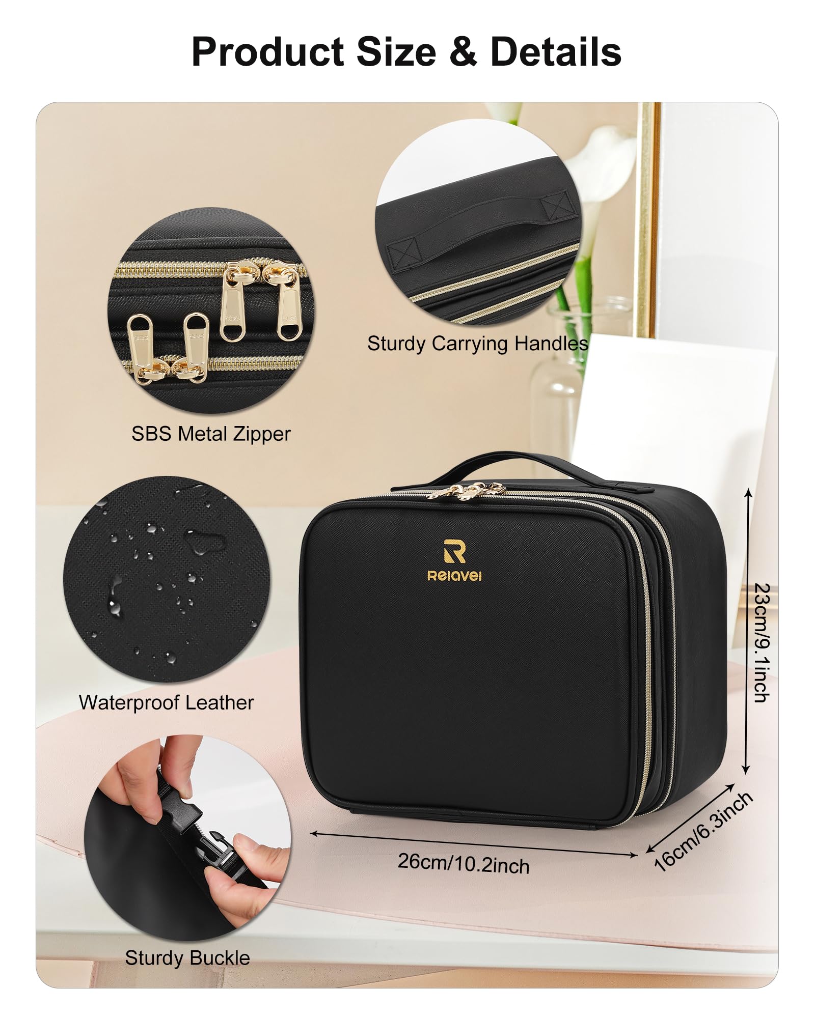 Relavel travel makeup case showing compact size and portability