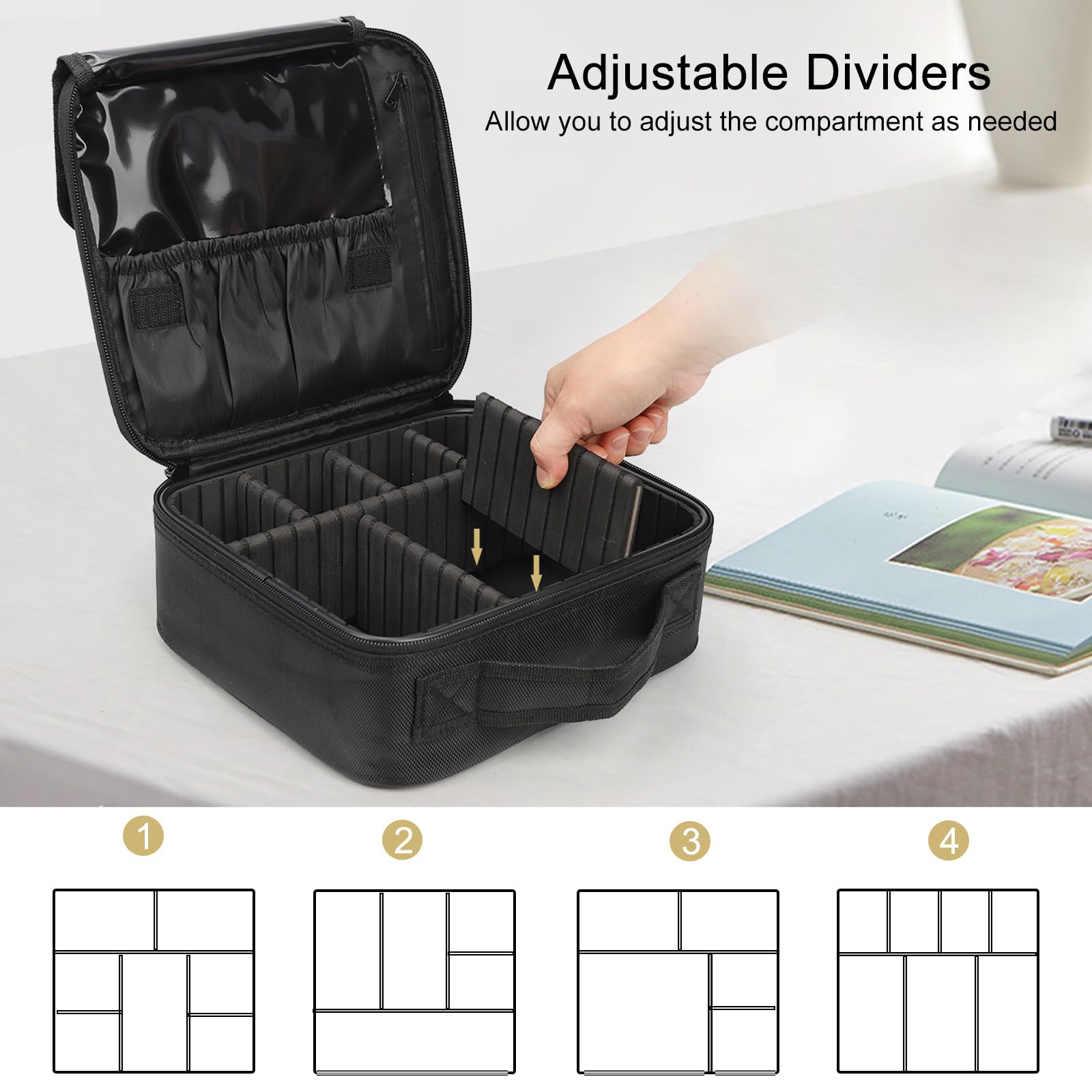 Relavel travel makeup train case adjustable dividers; customize layout to secure brushes and palettes.