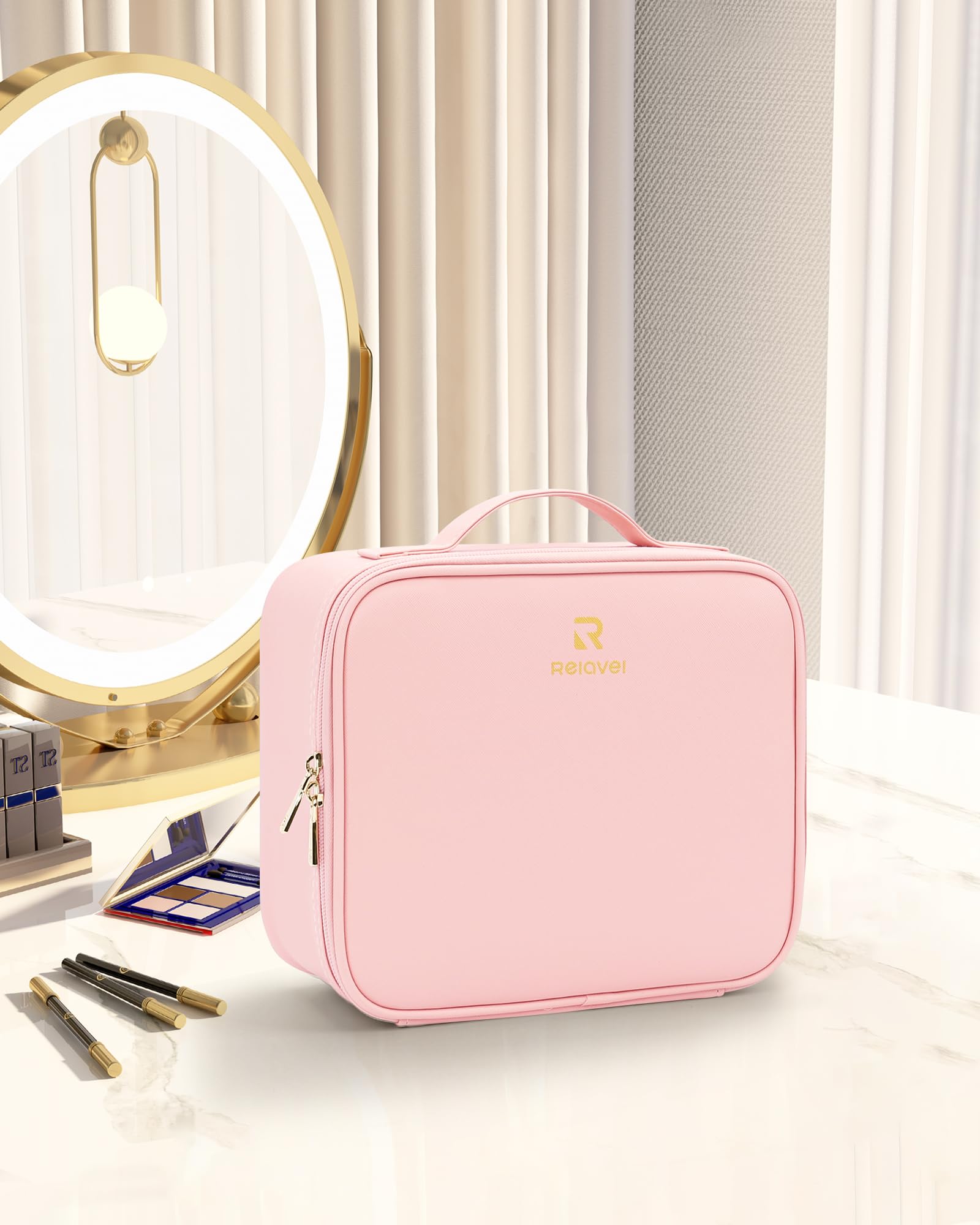 Relavel travel makeup train case adjustable dividers demonstrate customizable storage options.