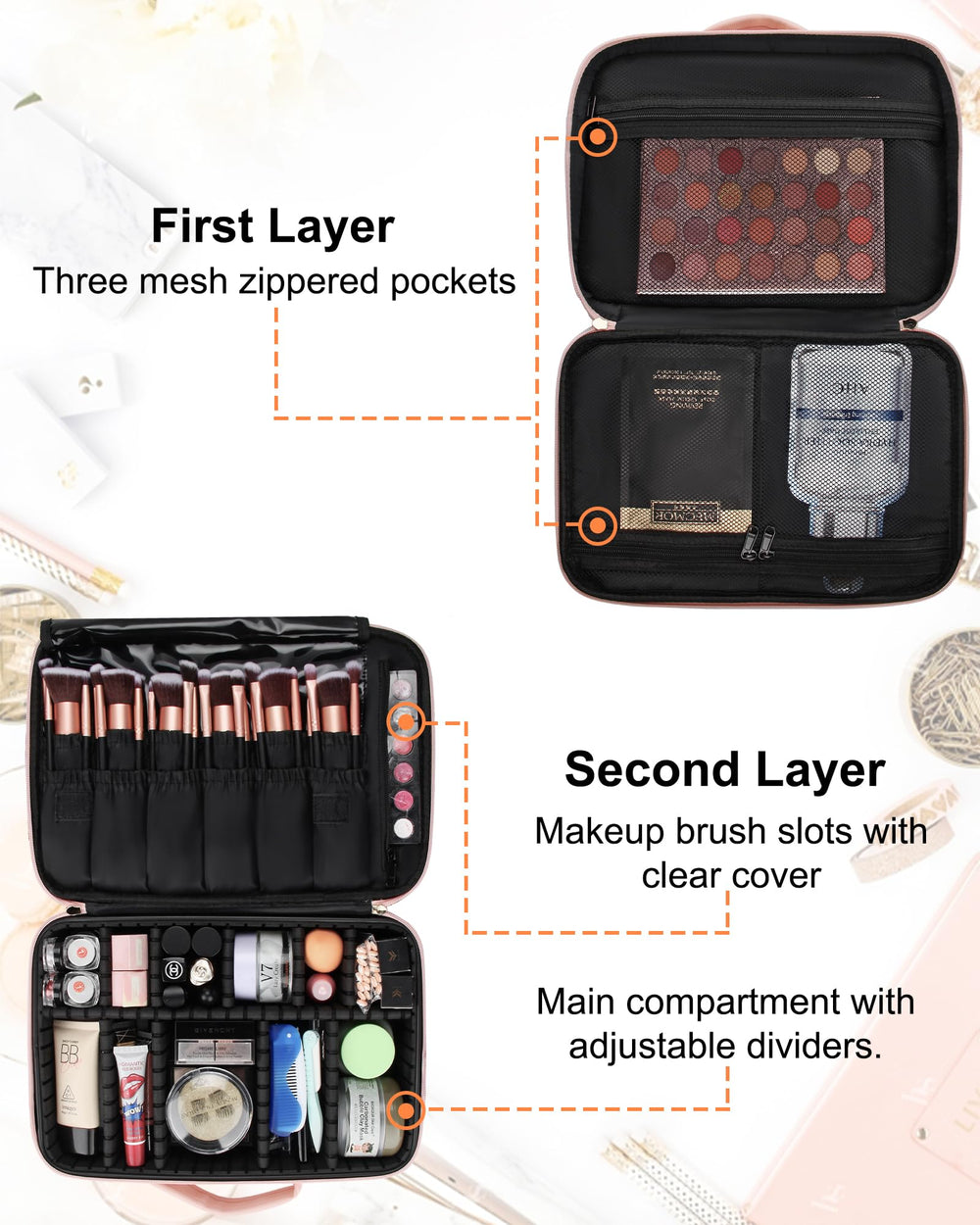 Relavel travel makeup train case adjustable dividers enable tailored tool storage.