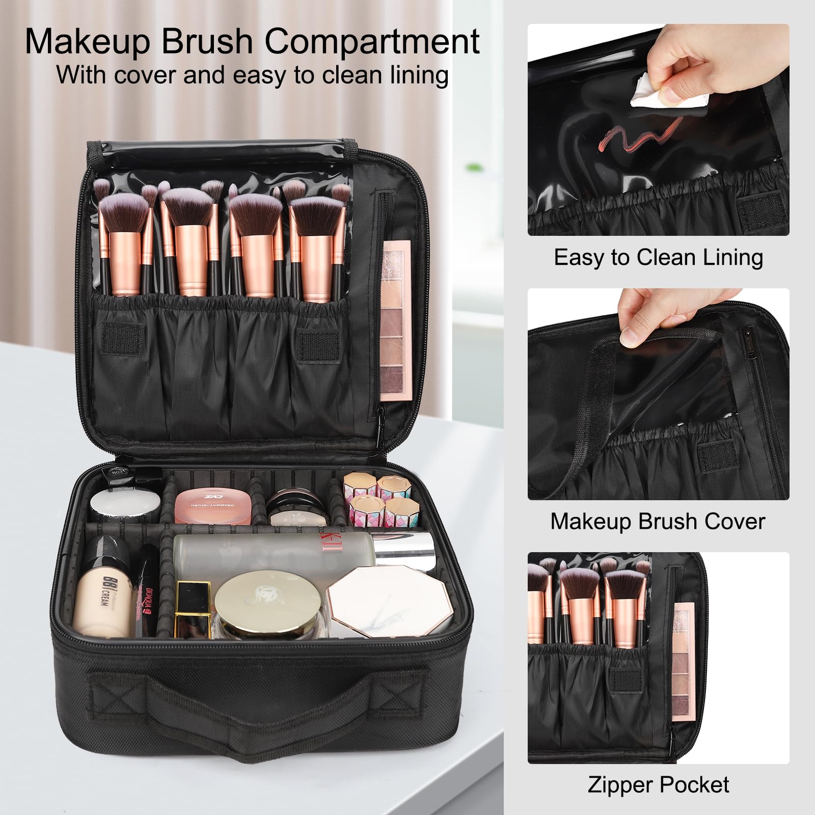 Relavel travel makeup train case brush slots; quick access for makeup brushes while traveling.