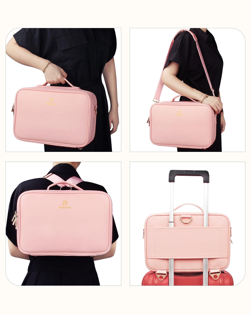Relavel travel makeup train case brushes and palettes stored securely for travel.
