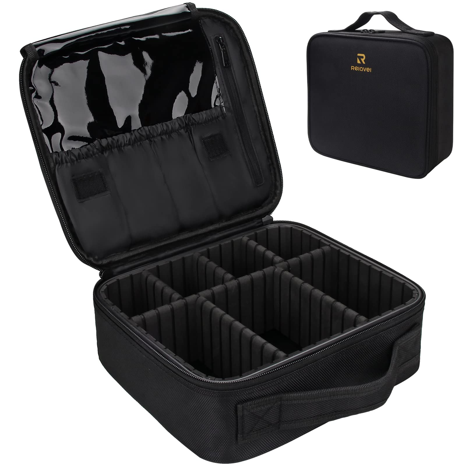 Relavel travel makeup train case front view; sleek black exterior keeps cosmetics organized on the go.