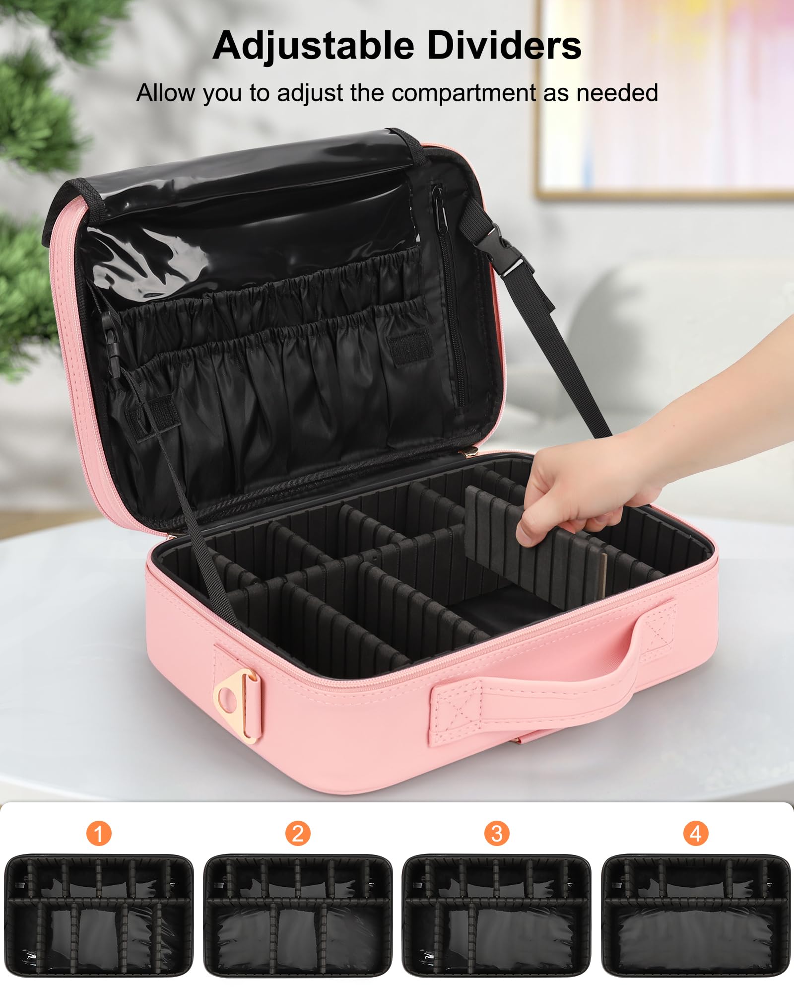 Relavel travel makeup train case interior compartments keep cosmetics neatly organized.