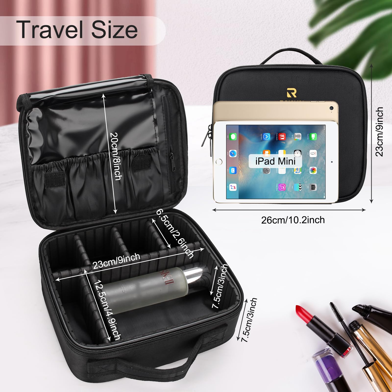 Relavel travel makeup train case open compartments showing adjustable dividers for neat tools.