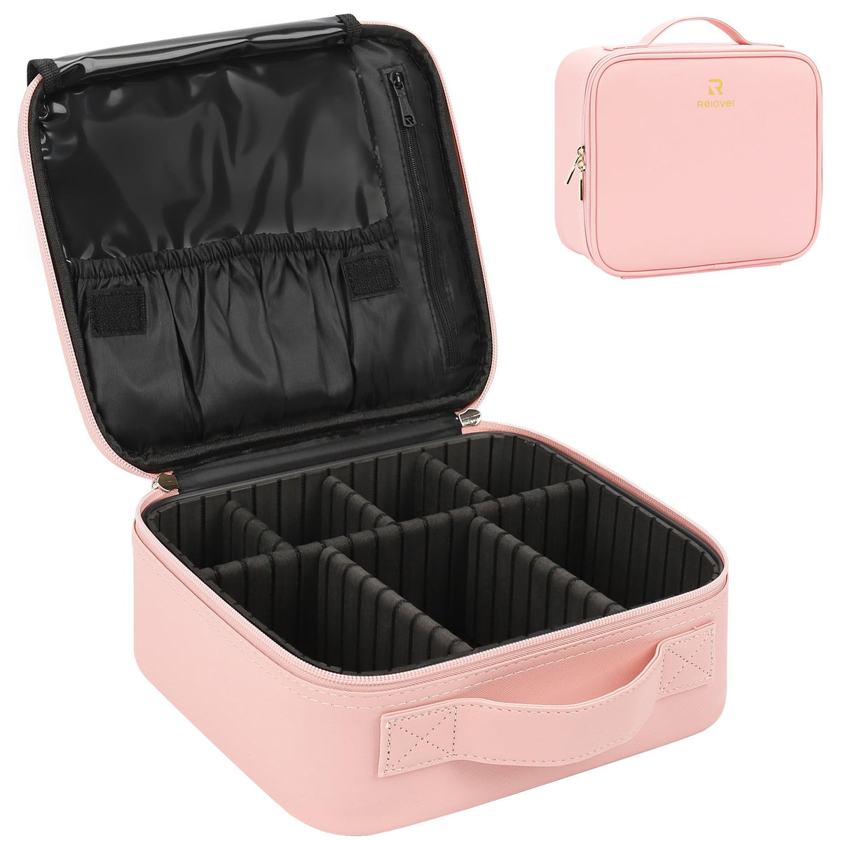 Relavel travel makeup train case pink open shows organized compartments for cosmetics.