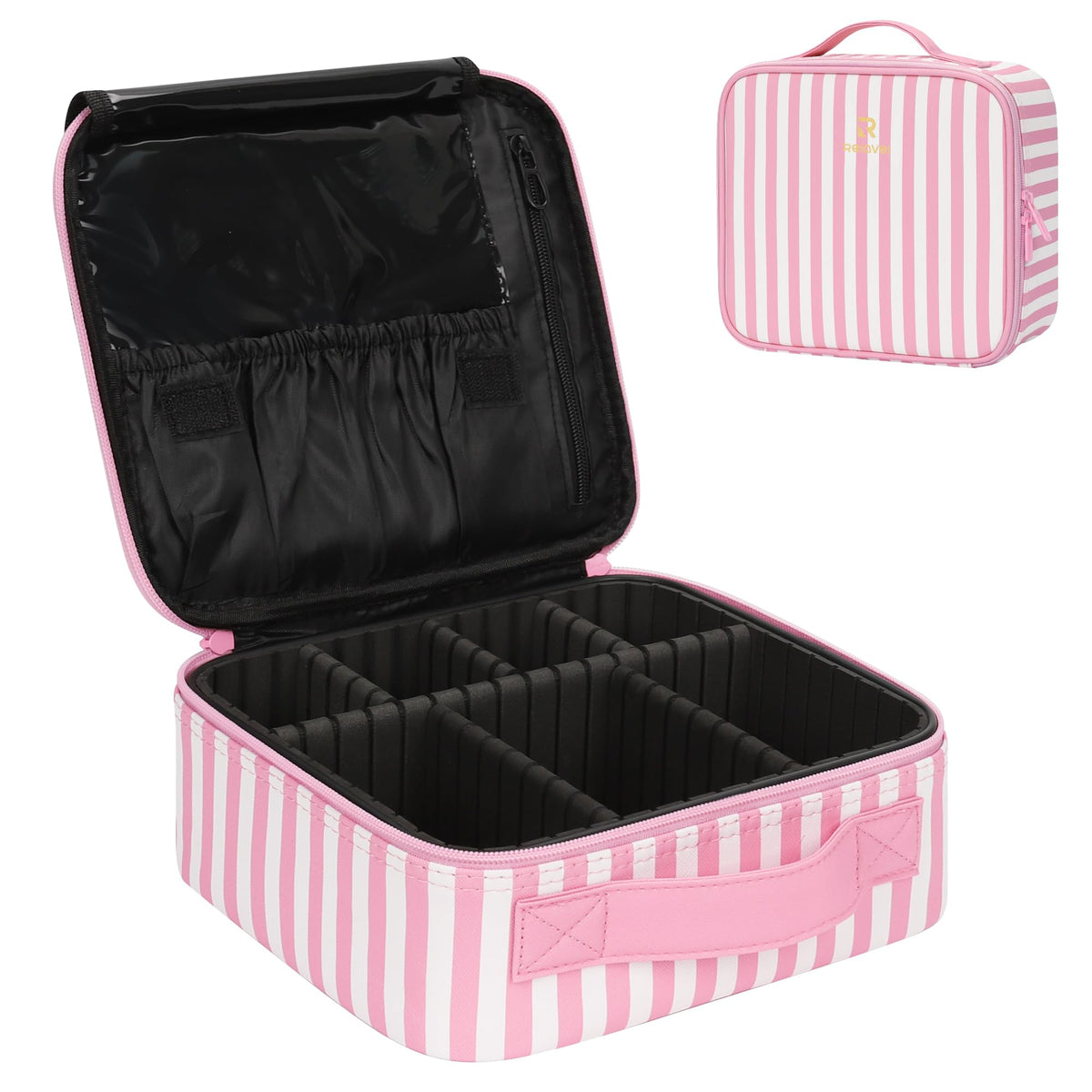 Relavel travel makeup train case pink stripe exterior keeps cosmetics organized on the go.