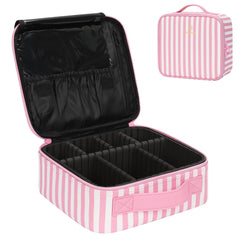 Relavel travel makeup train case pink stripe exterior keeps cosmetics organized on the go.