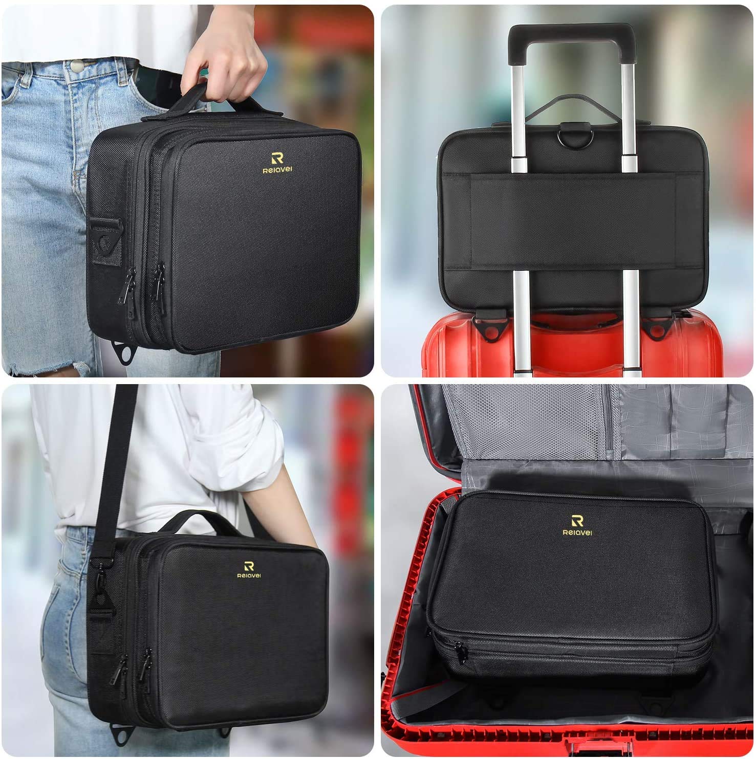 Relavel zip pockets and mesh compartments keep cosmetics secure and visible