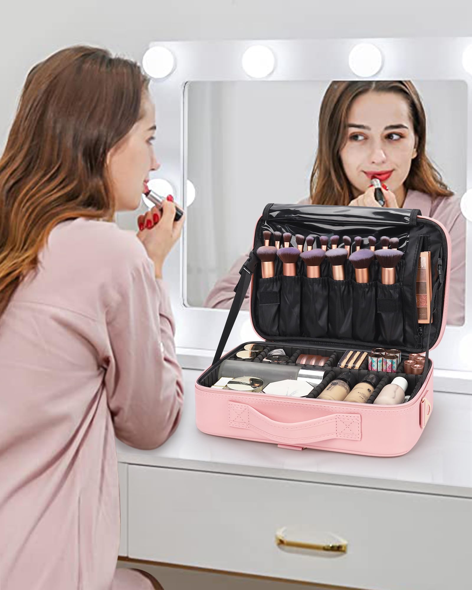 Relavel travel makeup train case top handle demonstrates easy carrying for on-the-go.