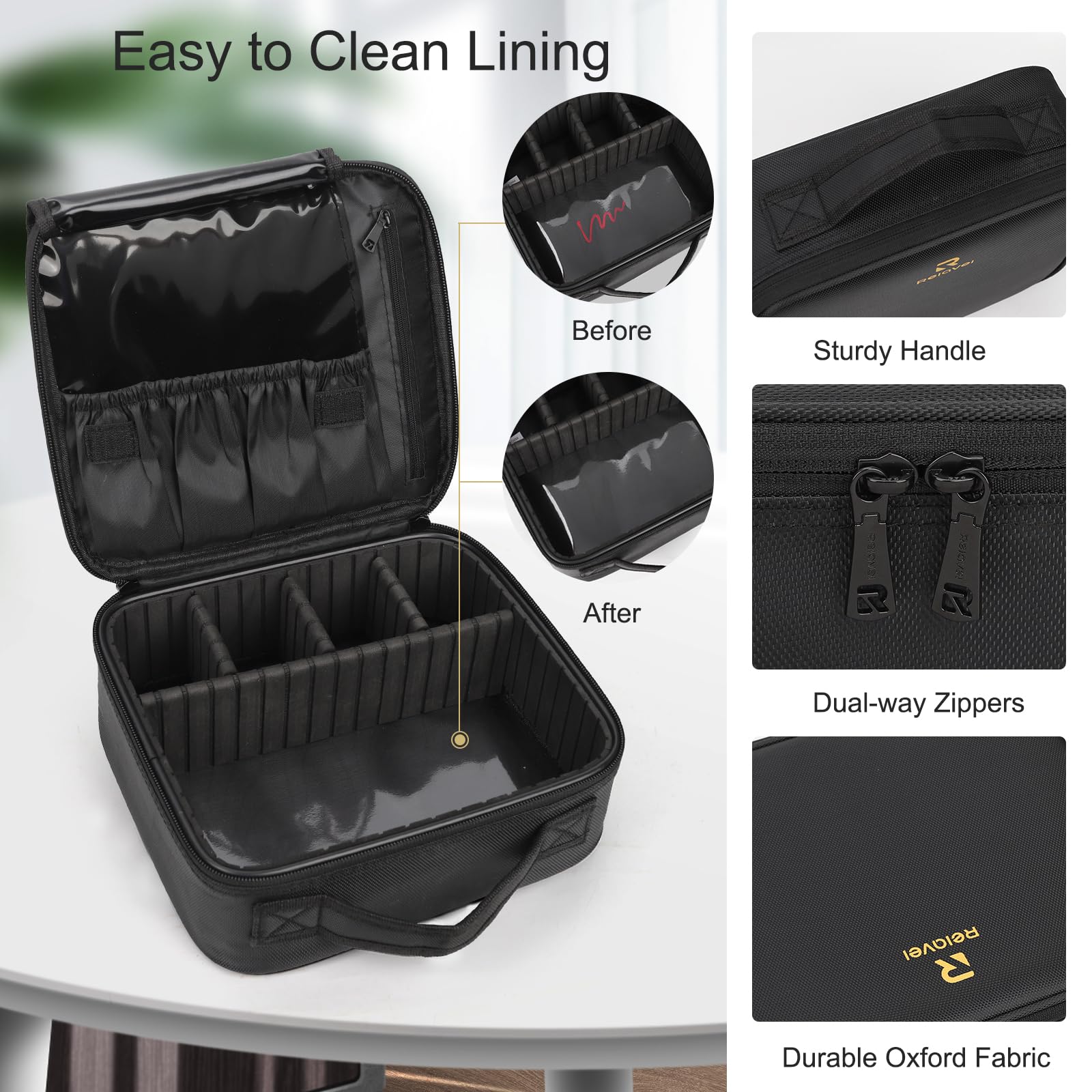Relavel travel makeup train case waterproof interior protects cosmetics from spills.