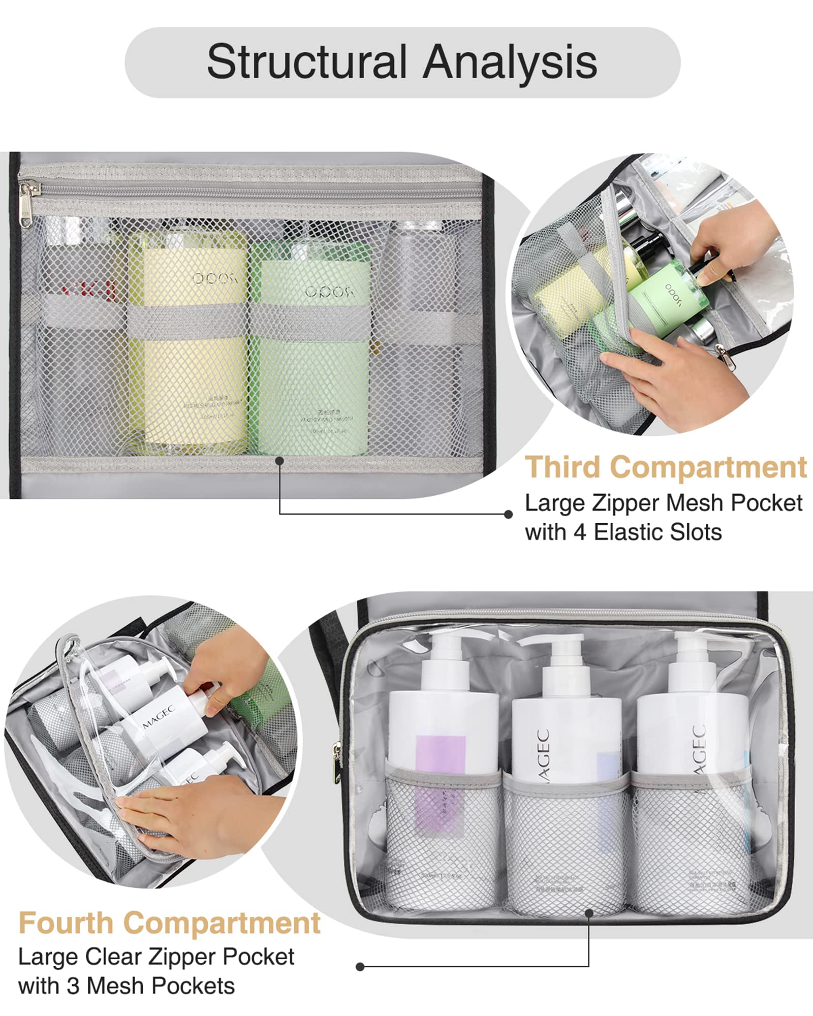 Relavel travel toiletry bag multi-compartment layout for separate cosmetics and toiletries