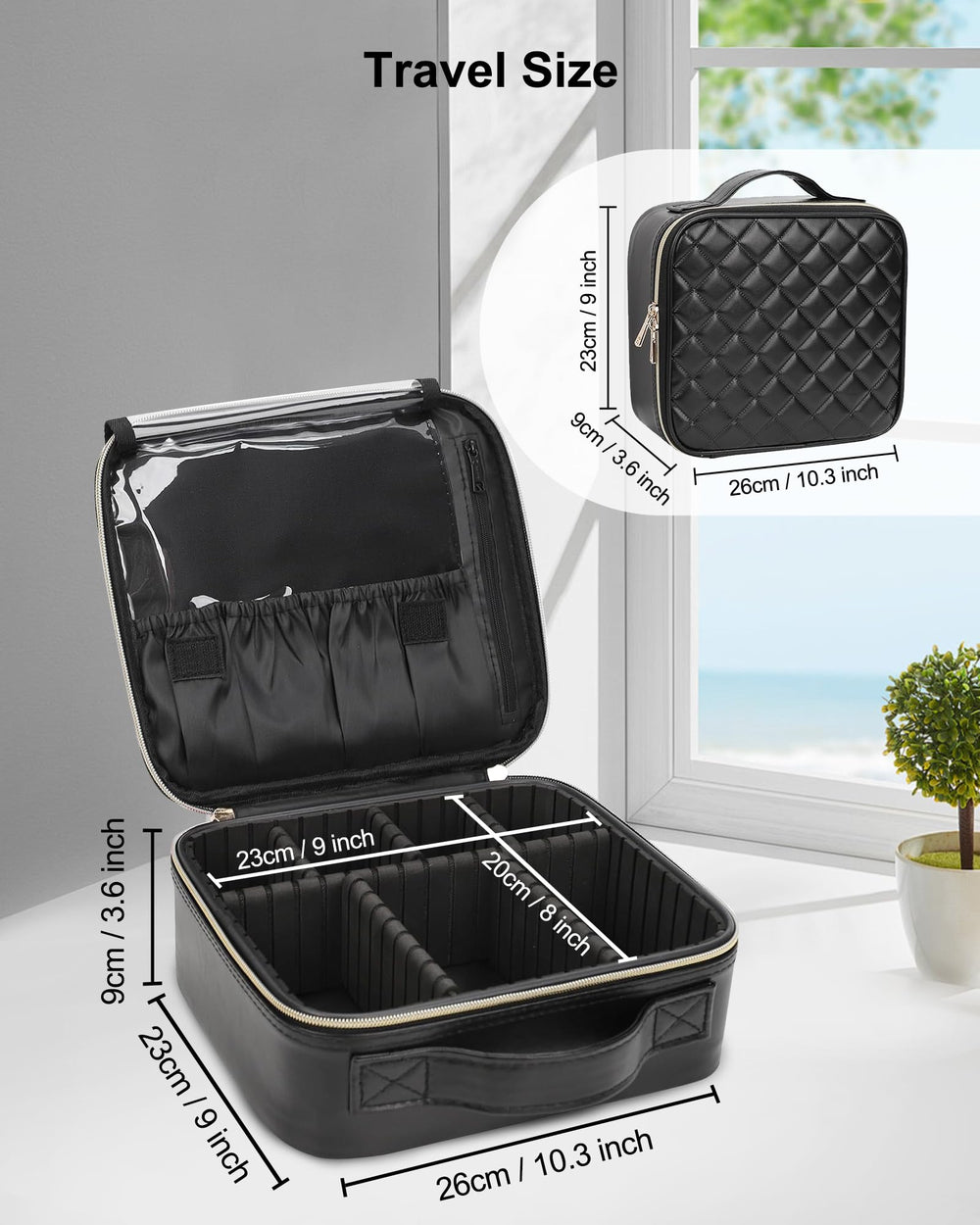 Relavel waterproof interior makeup case designed to resist spills and keep contents tidy.