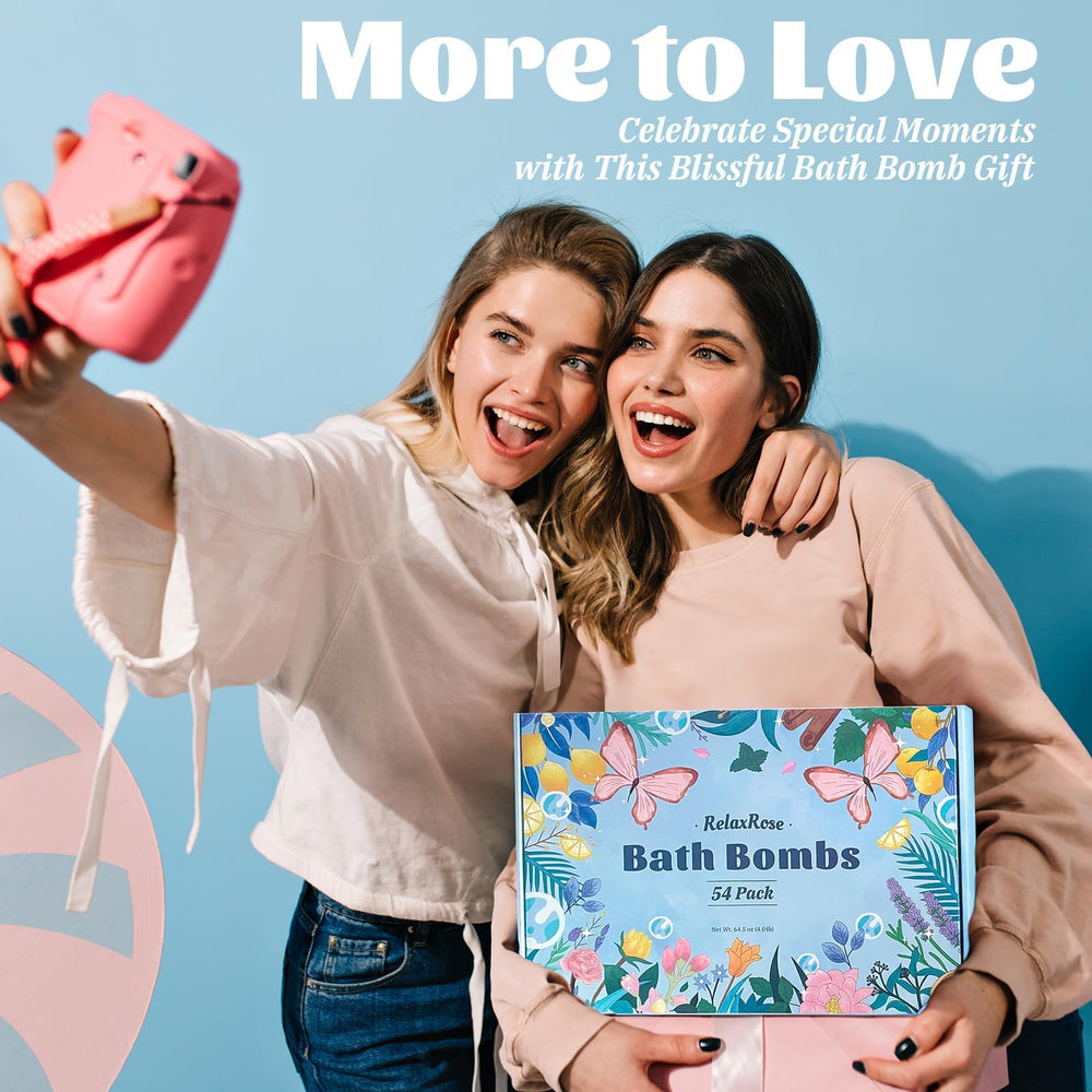 RelaxRose 54-pack bath bombs fizz for seven minutes delivering color and aroma
