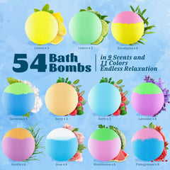 RelaxRose 54-pack bath bombs showcasing vibrant colors for bath time delight