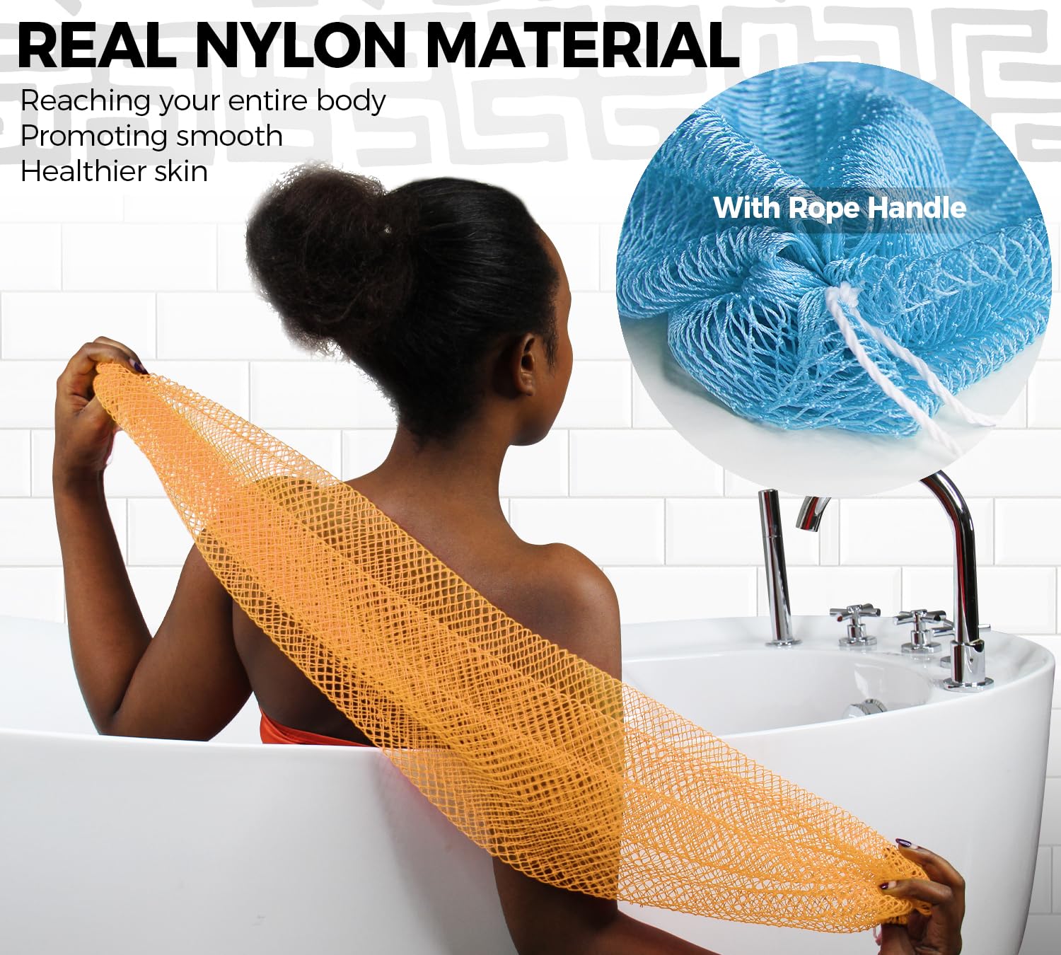 RelaxScene African Net Sponge back-scrubber with rope handle enables easy reach for back care.