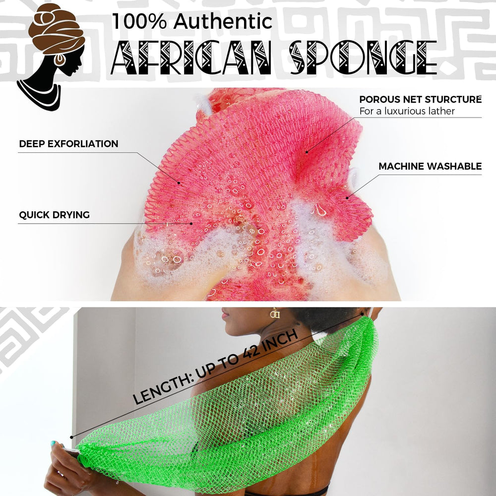 RelaxScene African Net Sponge back view showing long reach for back exfoliation
