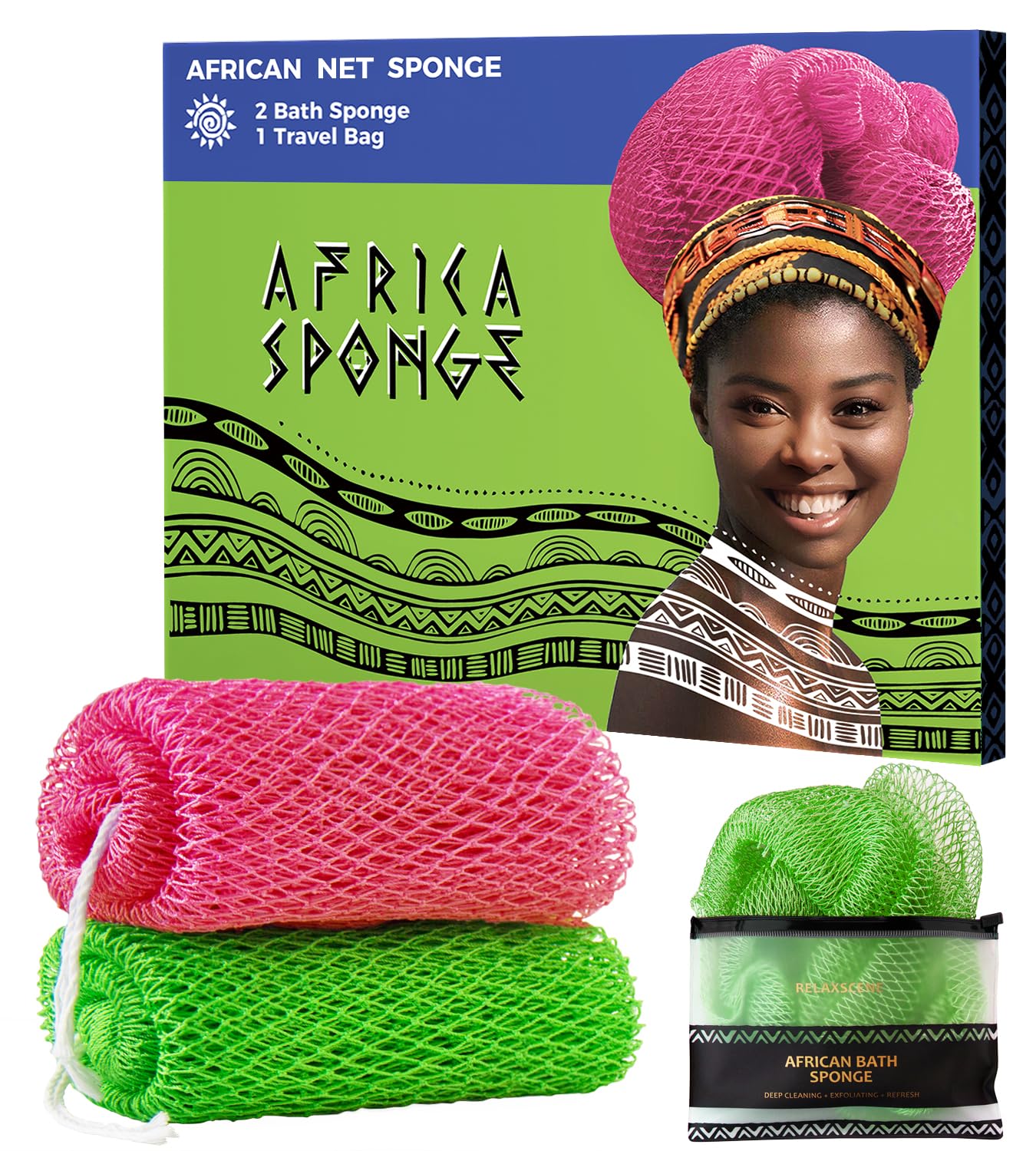 RelaxScene African Net Sponge front view with two-piece set for luxurious lather