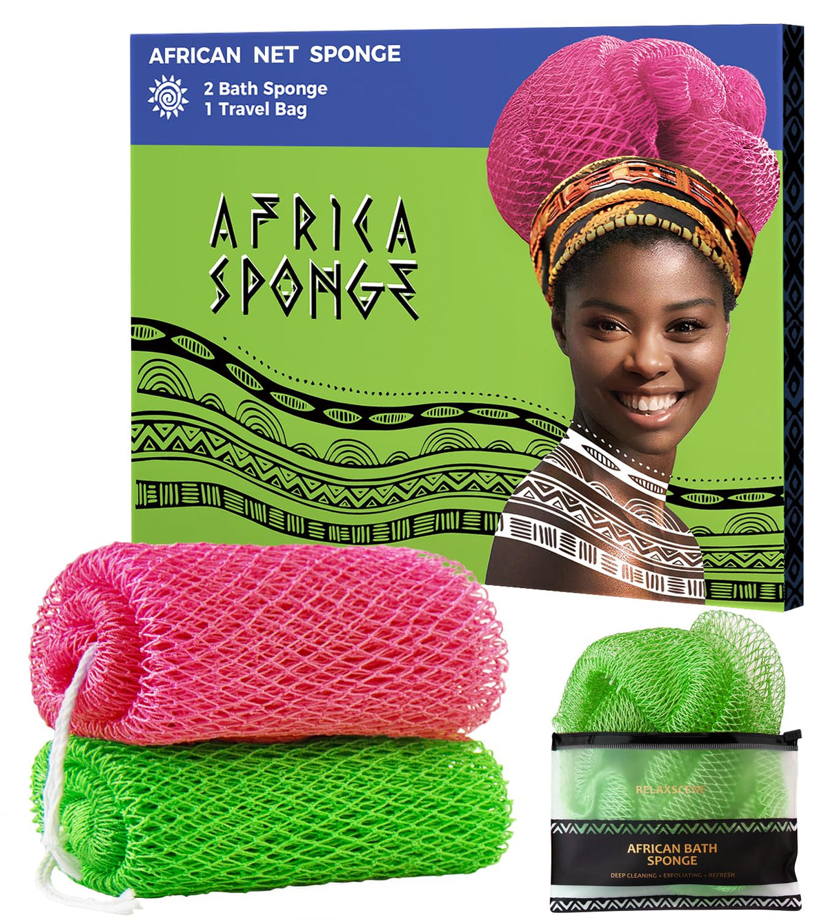 RelaxScene African Net Sponge front view with two-piece set for luxurious lather