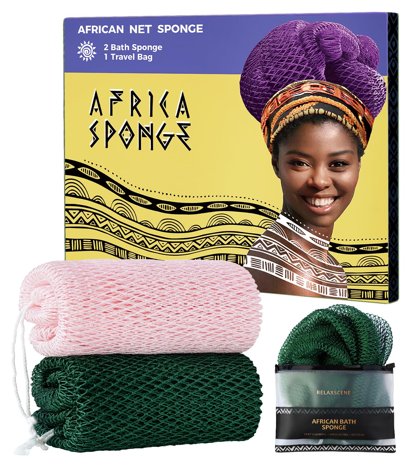 RelaxScene Afro Scrubber forest net sponge ready for refreshing exfoliation in the shower