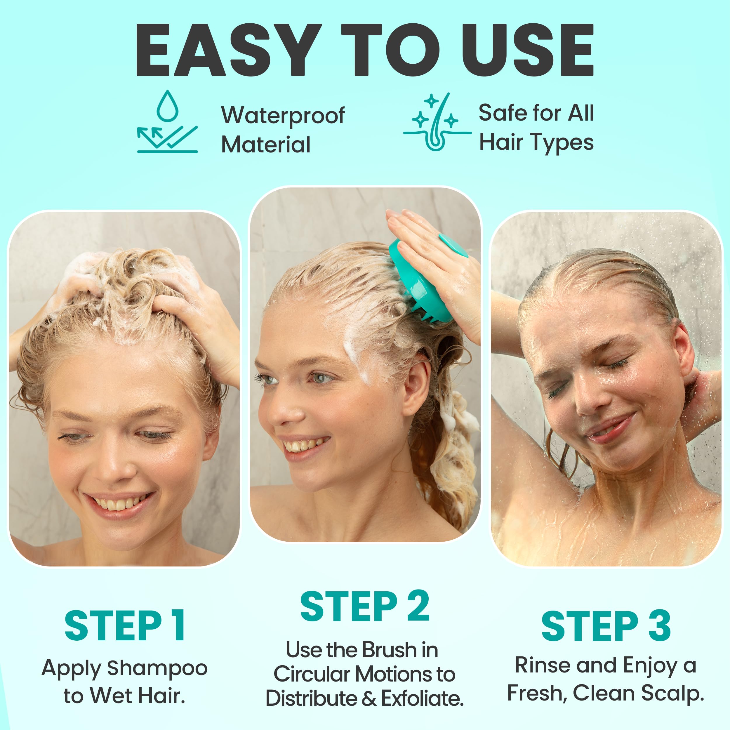 RELAXXO scalp massager wet-use with shampoo demonstrates integrated cleansing