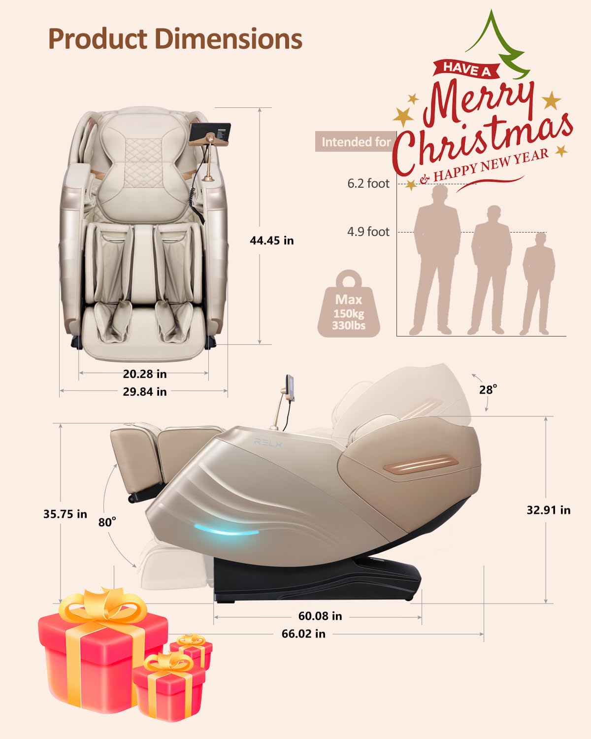 RELX 2025 massage chair SL-Track shiatsu demonstrates 53-inch reach from neck to thighs