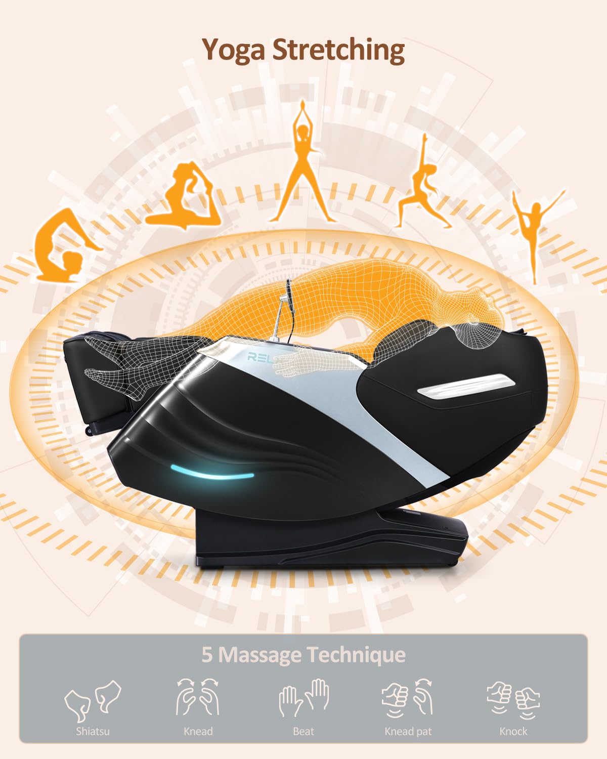 RELX massage chair ai-voice and bluetooth for hands-free control and music.