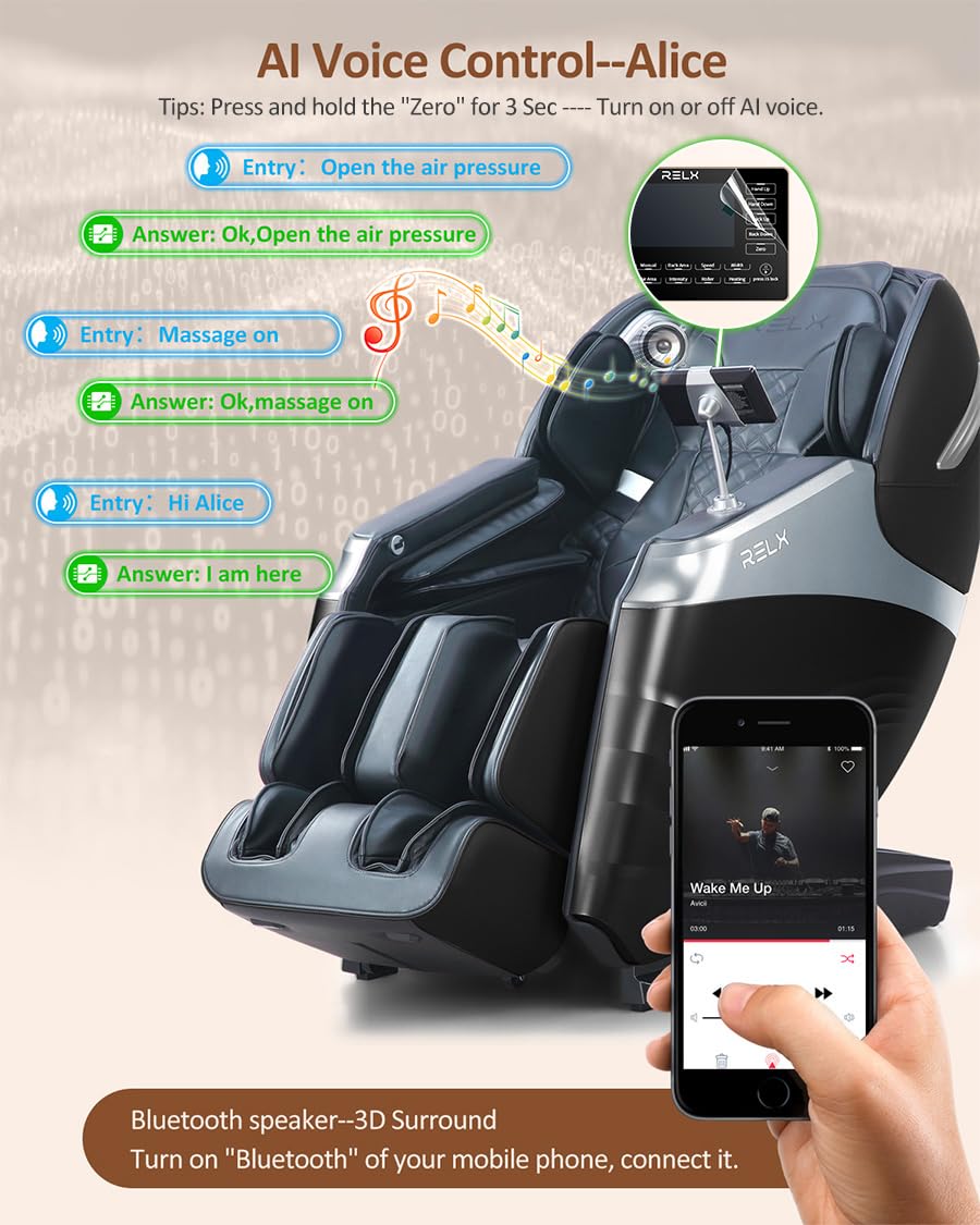 RELX massage chair body-scan optimizes massage with airbag system for tailored comfort.