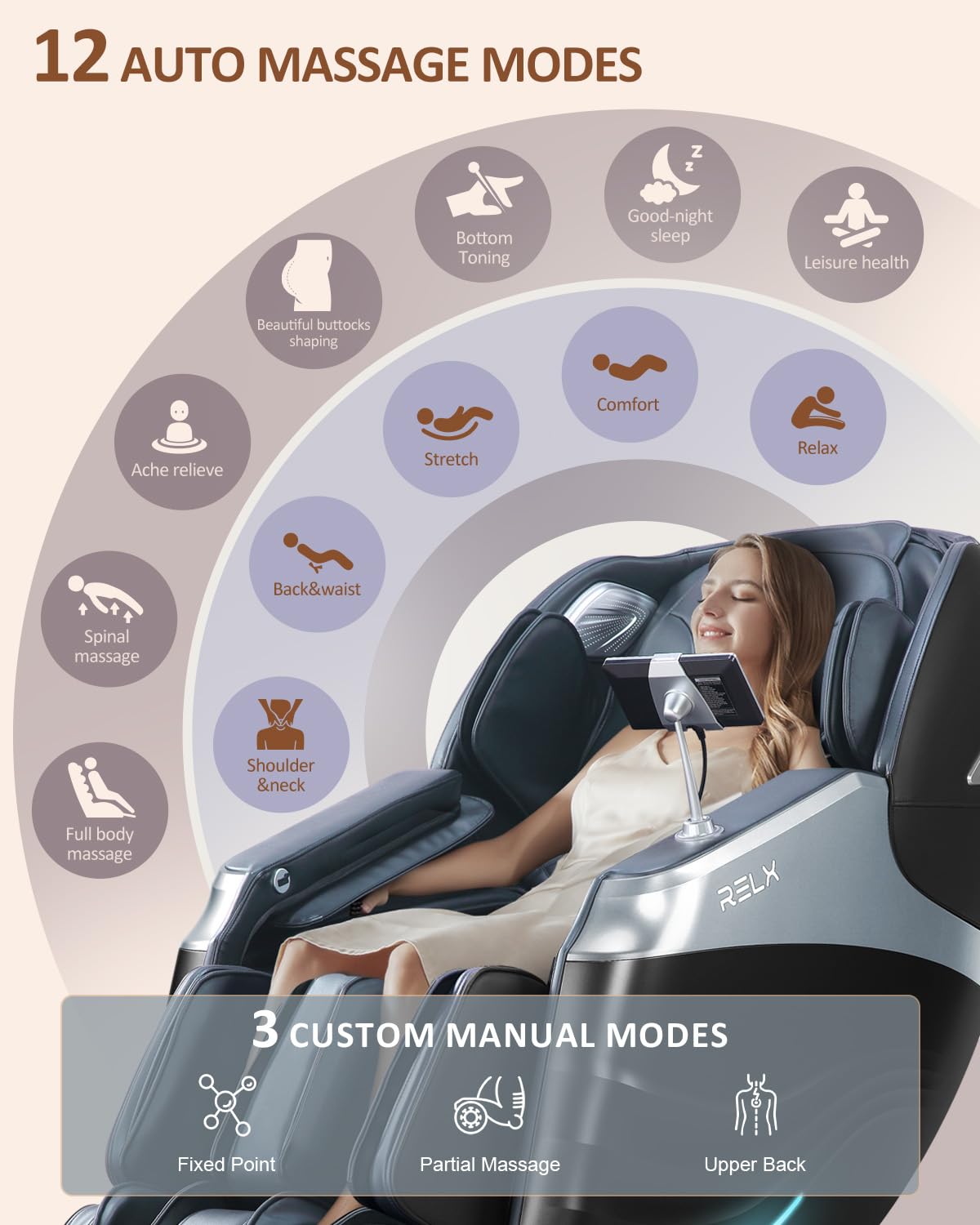 RELX massage chair zero-gravity promotes spinal relief and relaxed circulation.