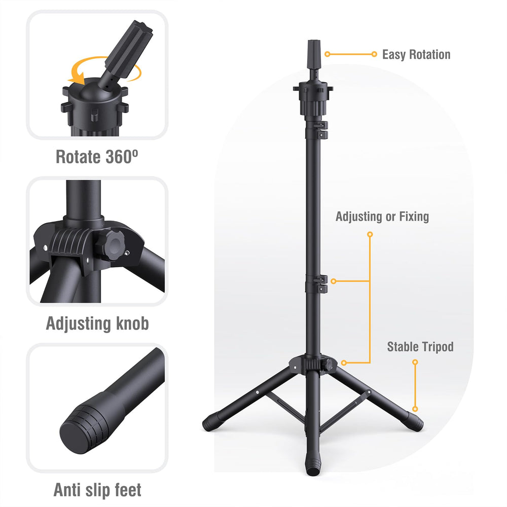 Relx tabletop tripod base delivers sturdy stability during cuts, braids, and styling.