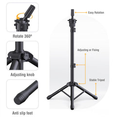 Relx tabletop tripod base delivers sturdy stability during cuts, braids, and styling.
