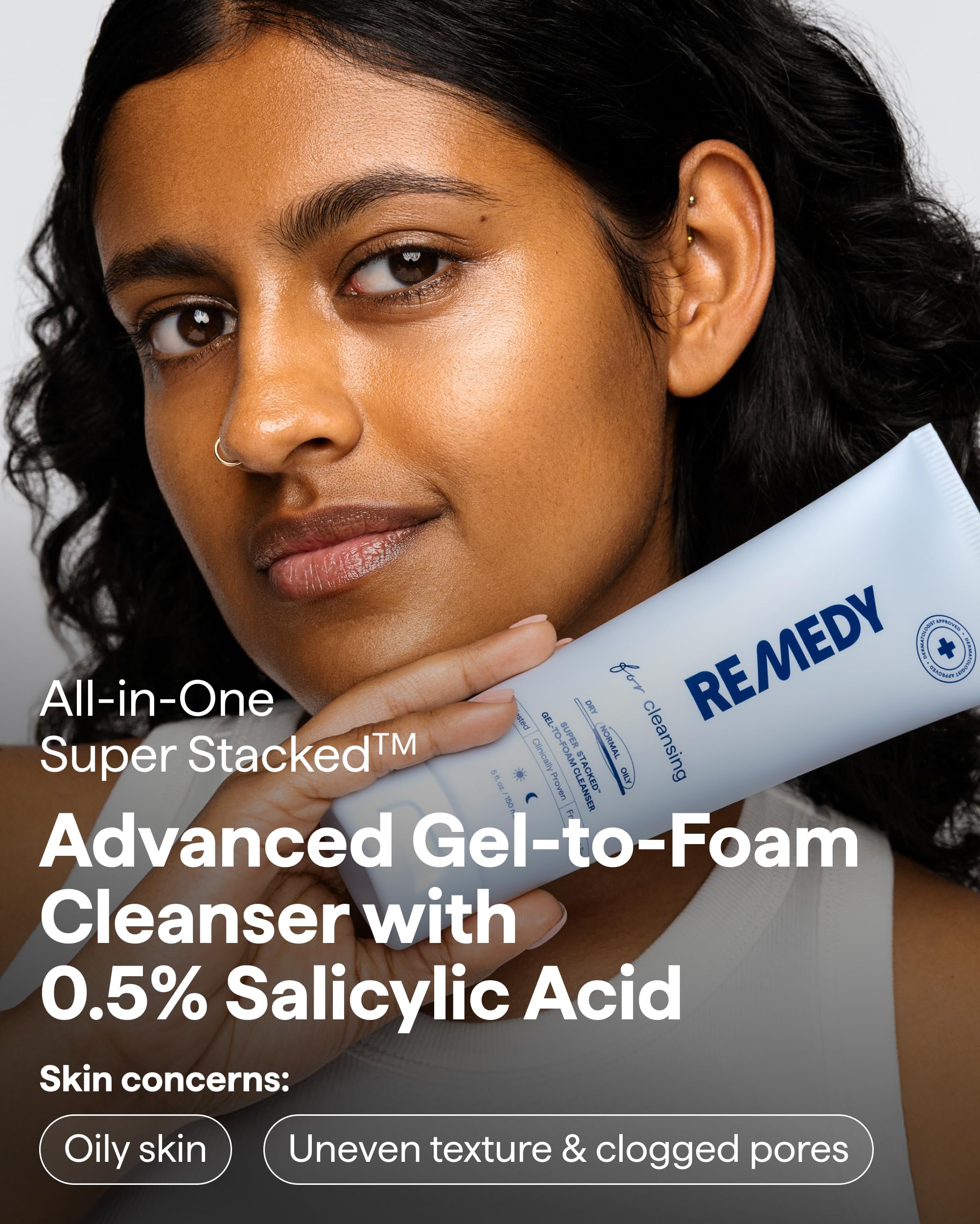 Remedy Science gel-to-foam transition shown for easy oil removal and refreshing cleanse.