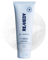 Remedy Science lightweight cleanser bottle pour demonstrates gentle cleansing for oily-to-normal skin.