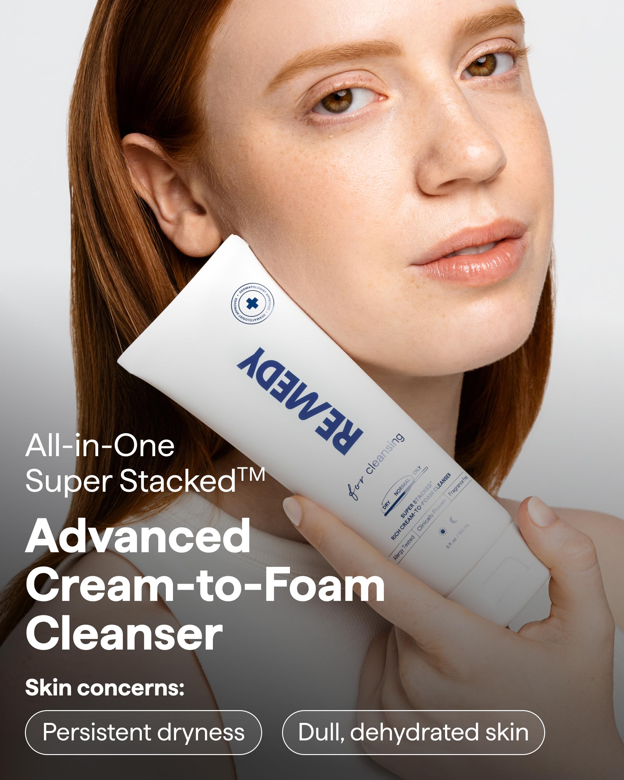Remedy Science Rich Cream Cleansing foam texture closeup shows gentle lather for dry skin.