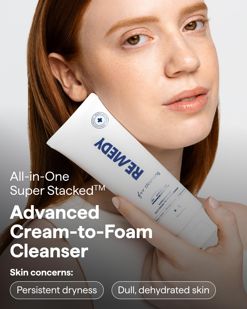 Remedy Science Rich Cream Cleansing foam texture closeup shows gentle lather for dry skin.