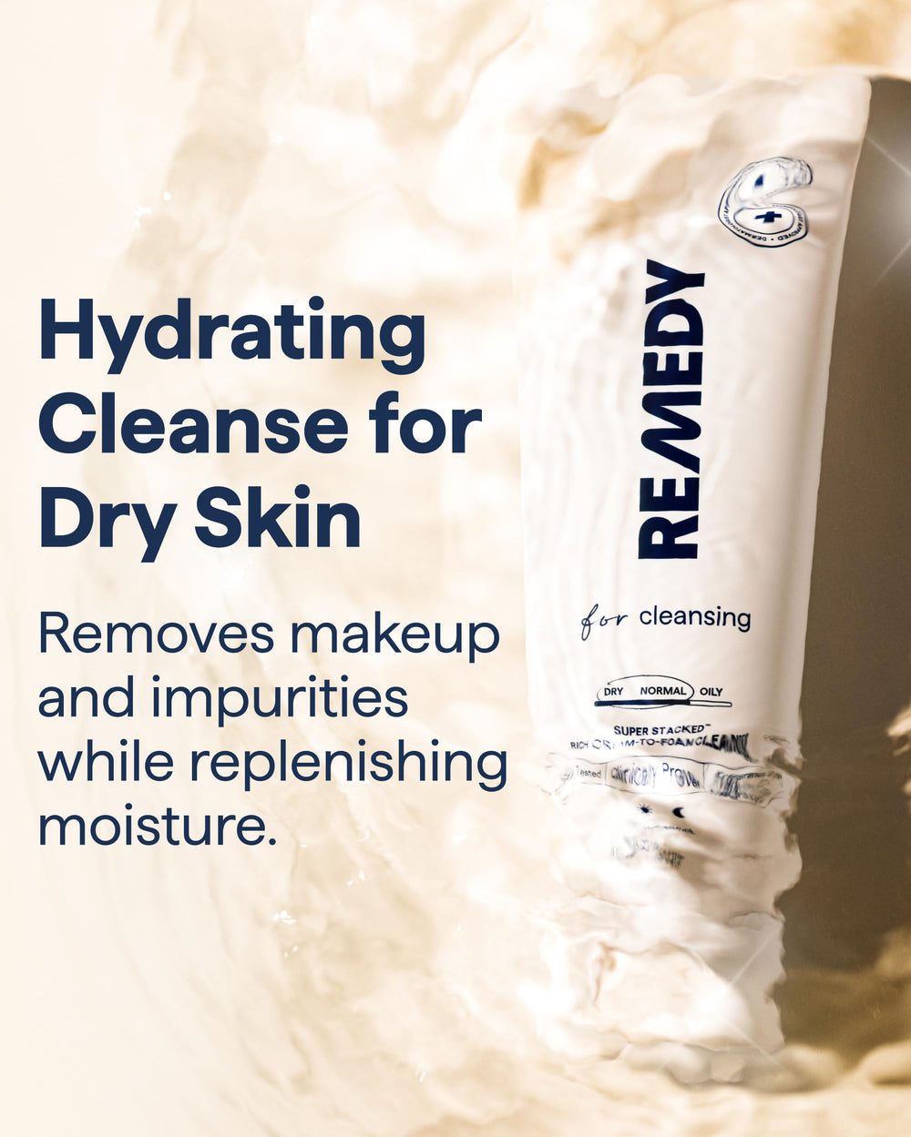 Remedy Science Rich Cream Cleansing pump closeup highlights lightweight foam for daily use.