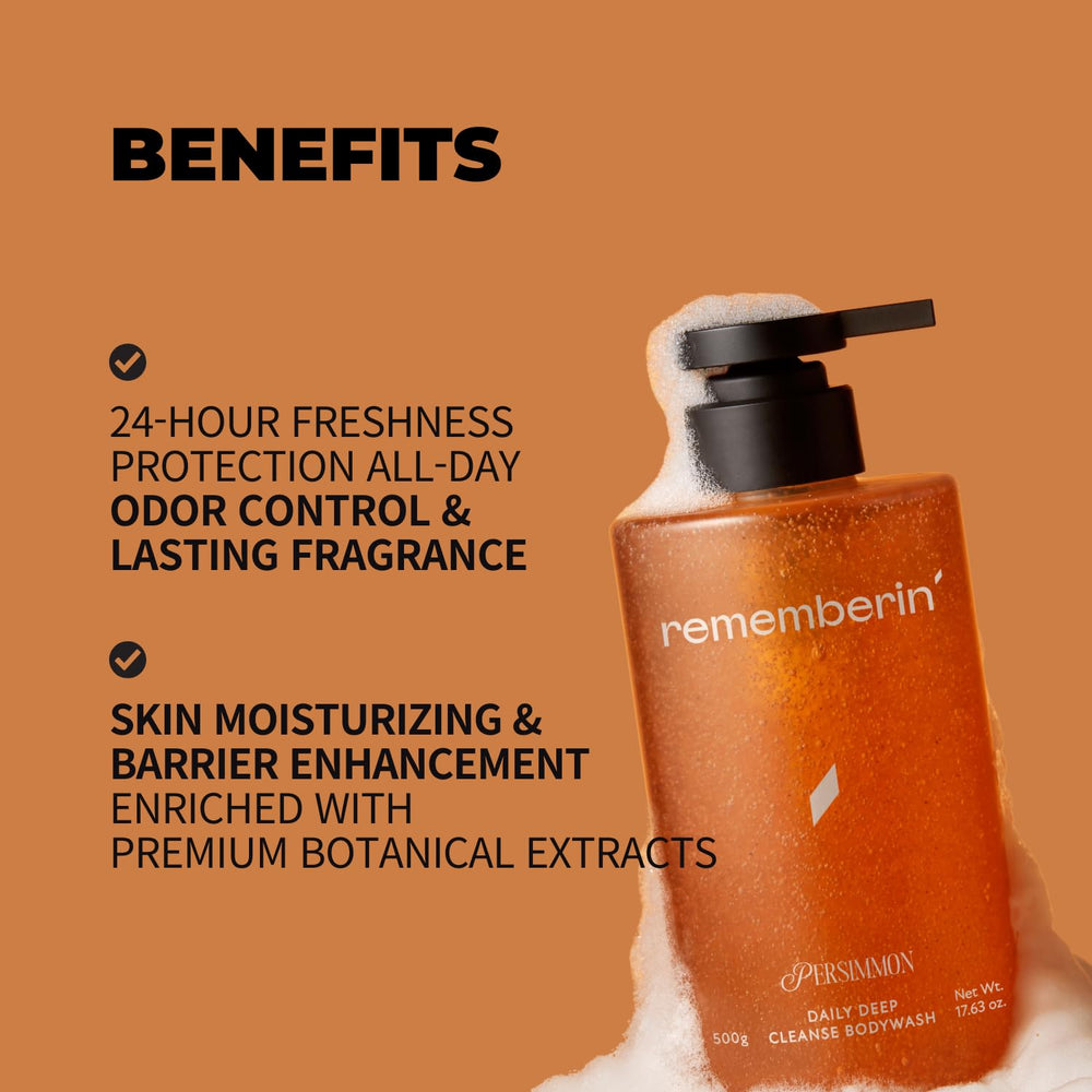 Rememberin Persimmon Body Wash sulfate-free formula highlights gentle cleansing.