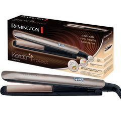 Remington S8540 keratin-coated plates close-up showing ceramic coating for smooth styling.