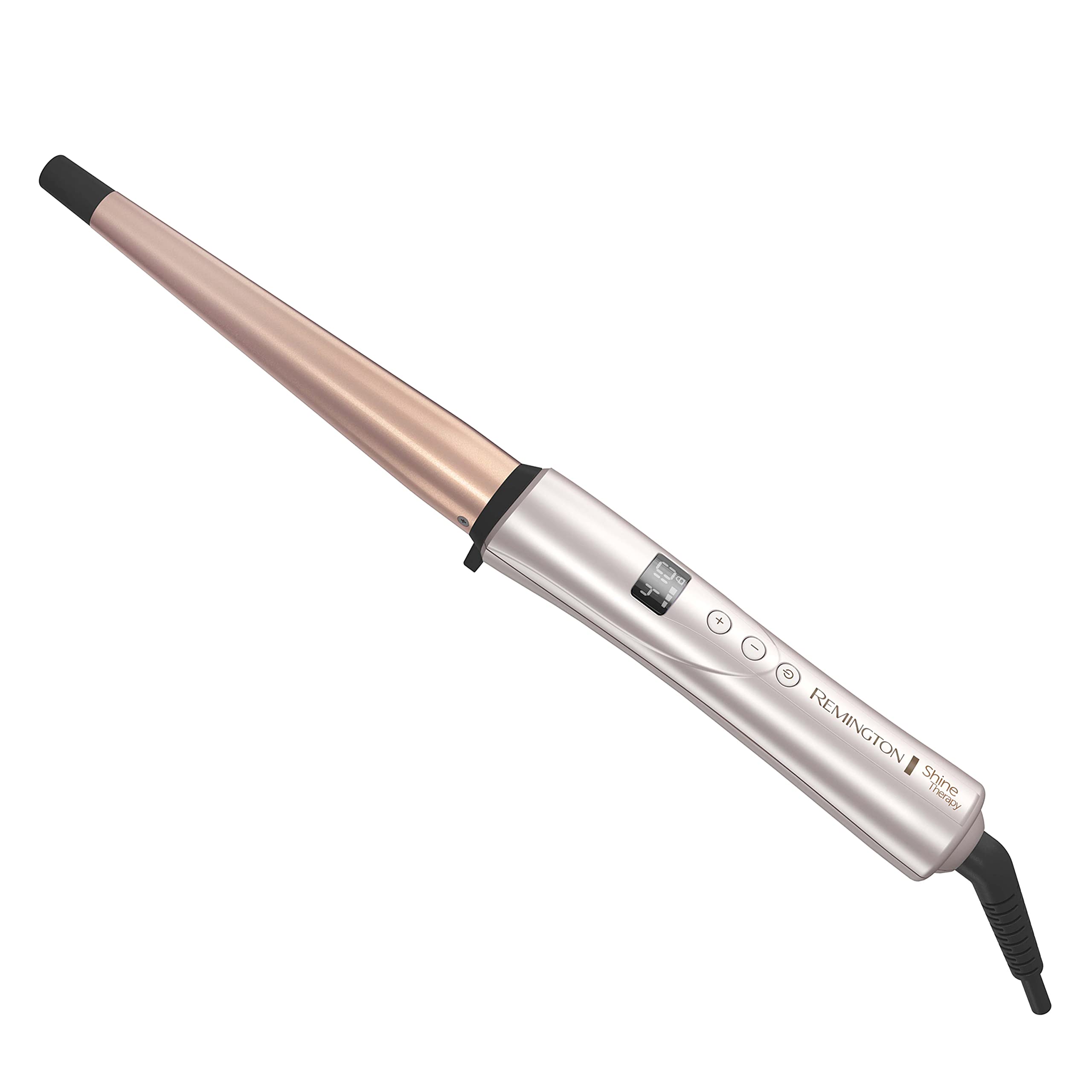 Remington Shine Therapy wand close-up shows argan oil-keratin infusion for smooth, radiant shine.