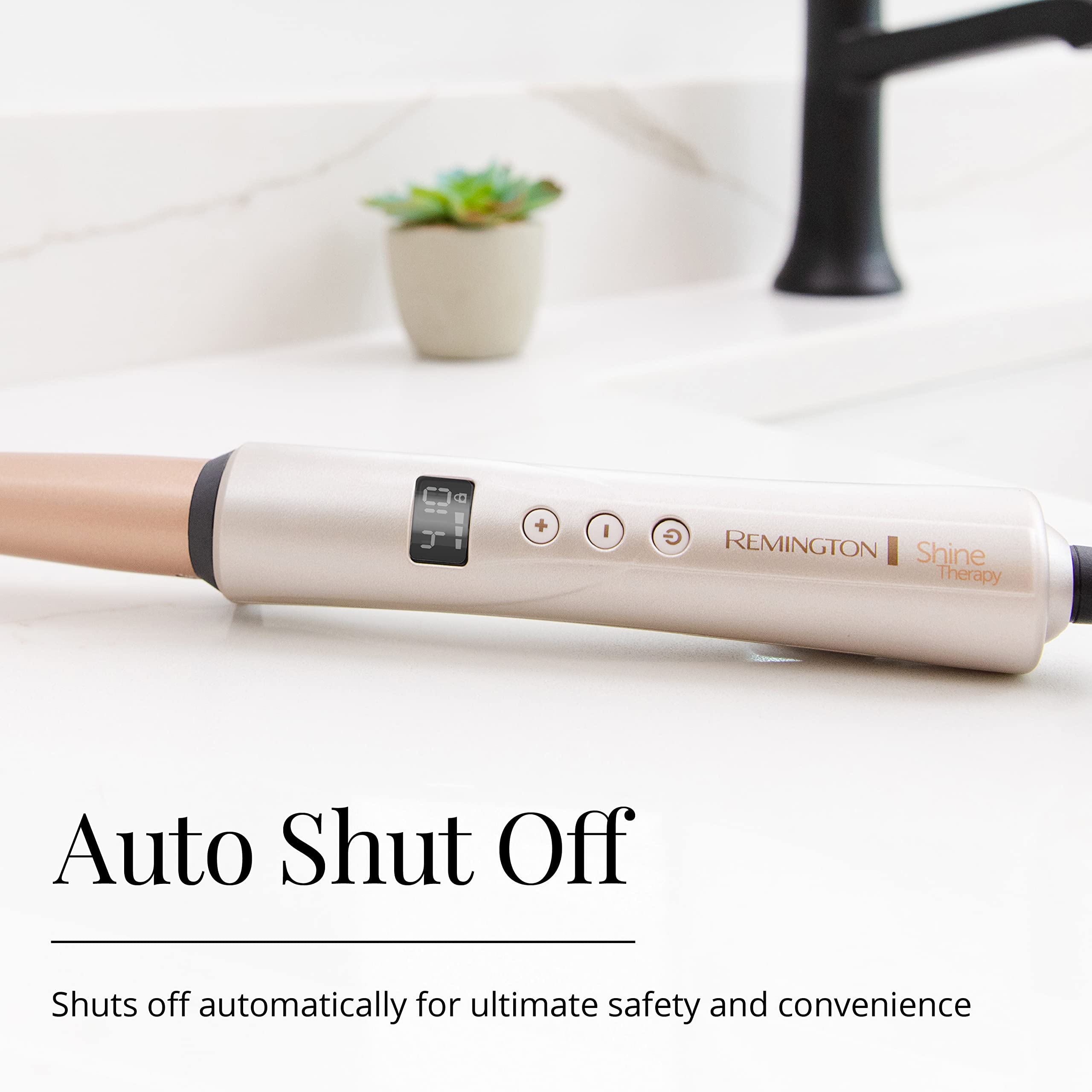 Remington Shine Therapy temperature lock helps maintain a consistent curl.