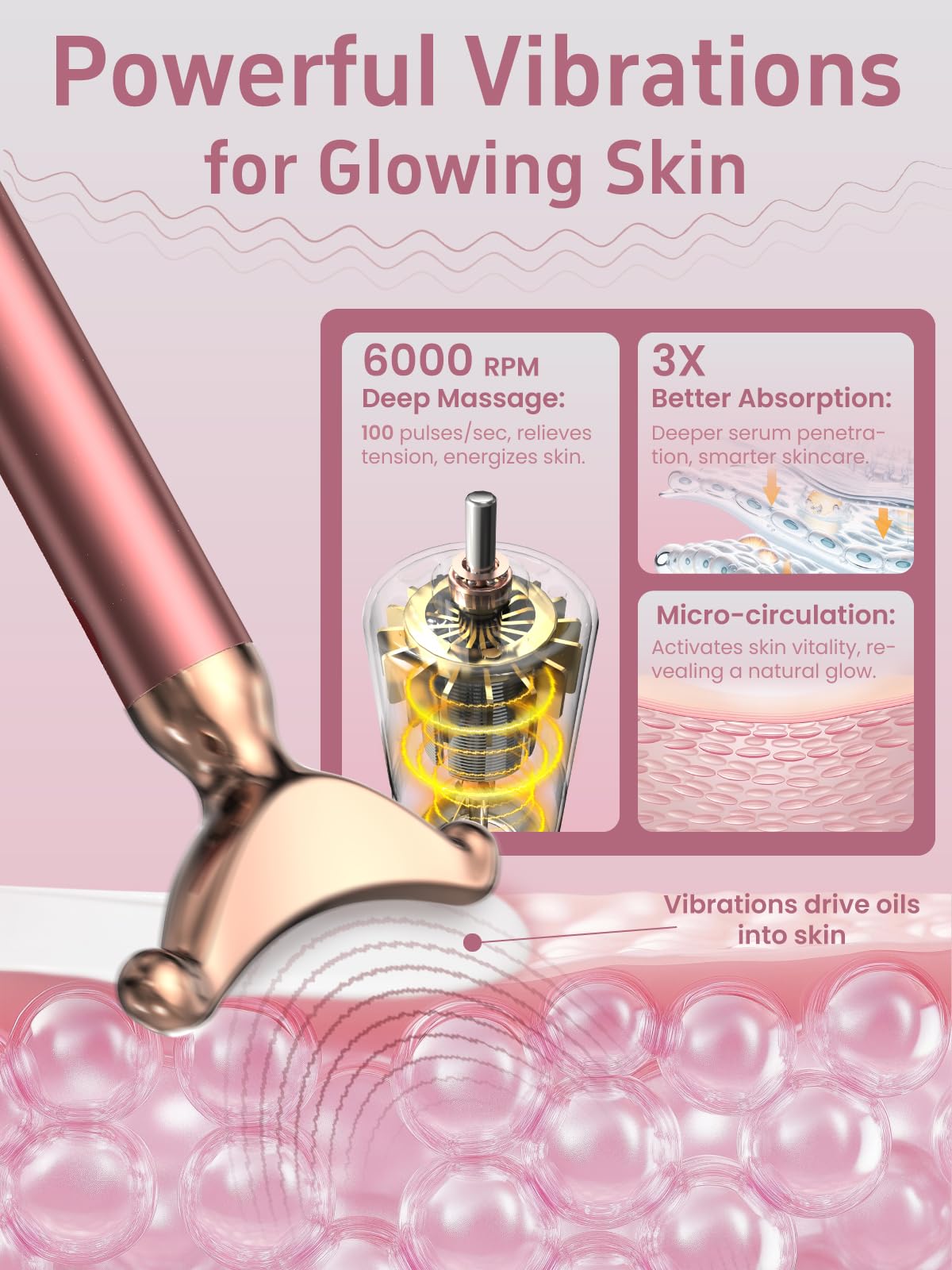 Rena Chris Face Massager Pro 6000 RPM vibration enhances absorption of skincare products.