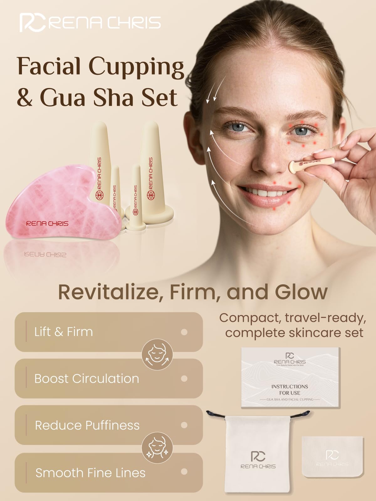 Rena Chris rose quartz gua sha board in pink enhances skin glow and relaxation