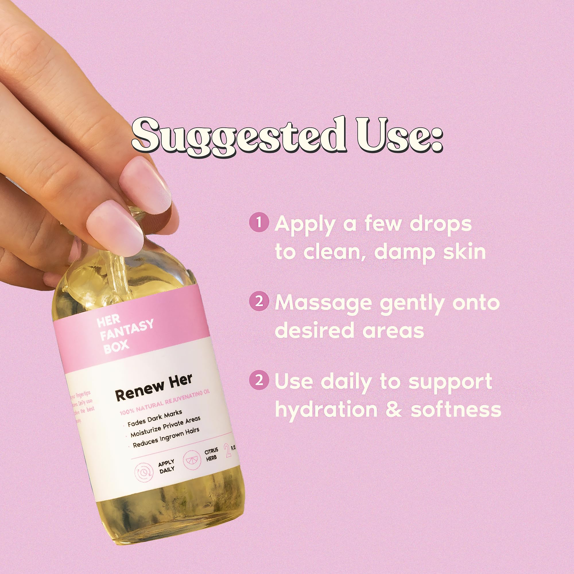 Renew Her oil natural ingredients highlighted for gentle, skin-friendly care