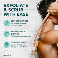 Rengöra natural-bristle back brush provides gentle exfoliation for smoother skin.